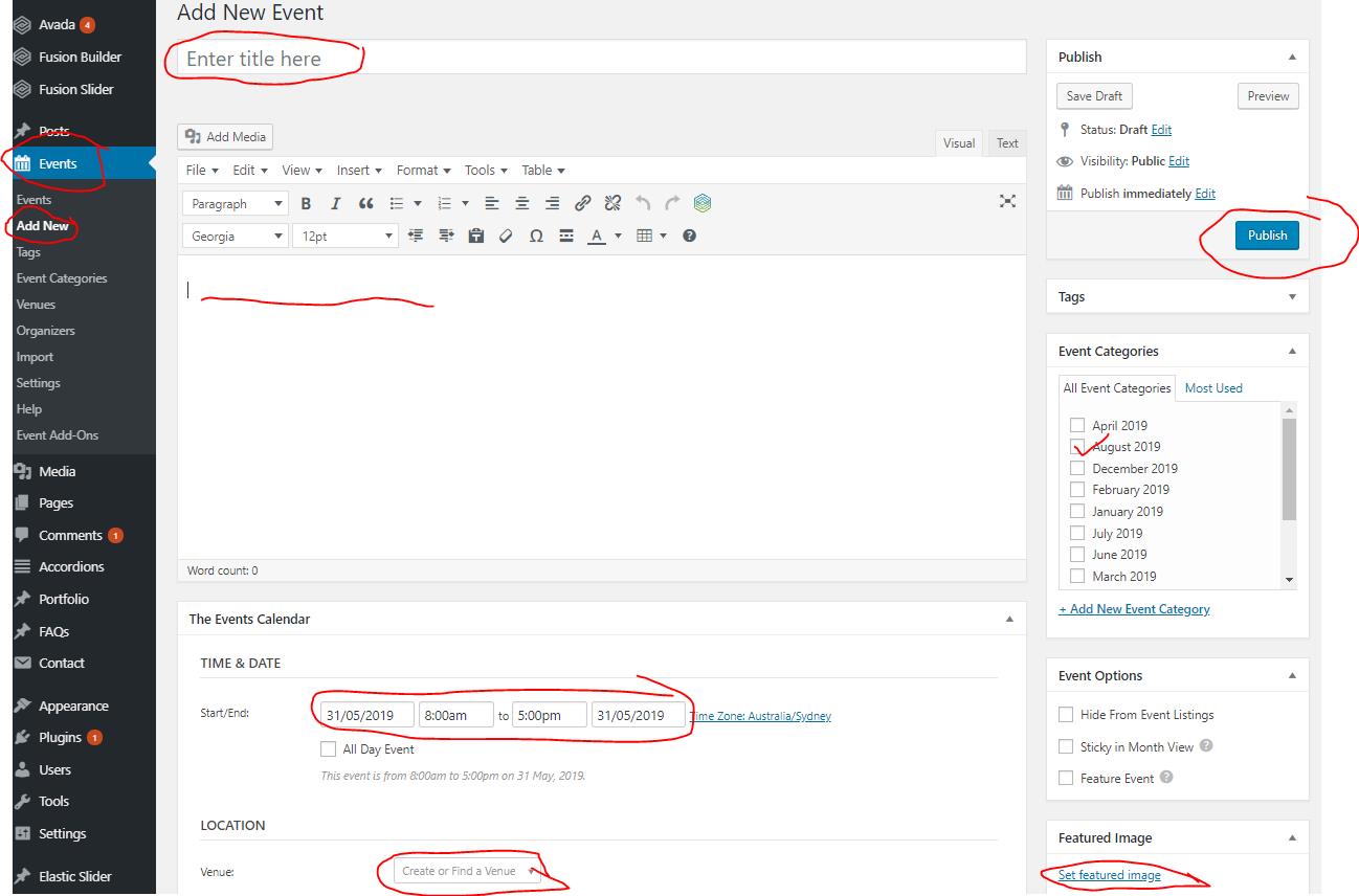 creating wordpress events lg